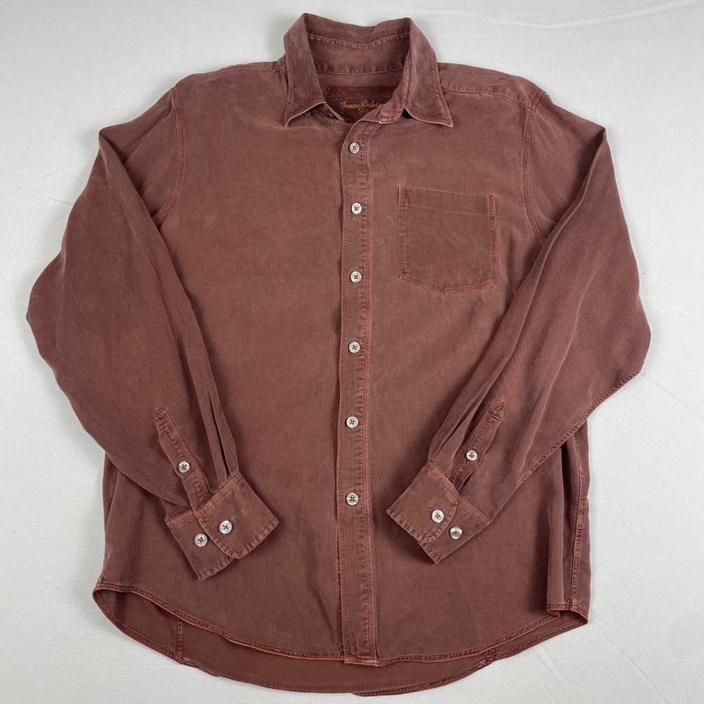 Tommy Bahama Mens Pigment Dyed Tencel Cotton Button Down Shirt Brown Medium